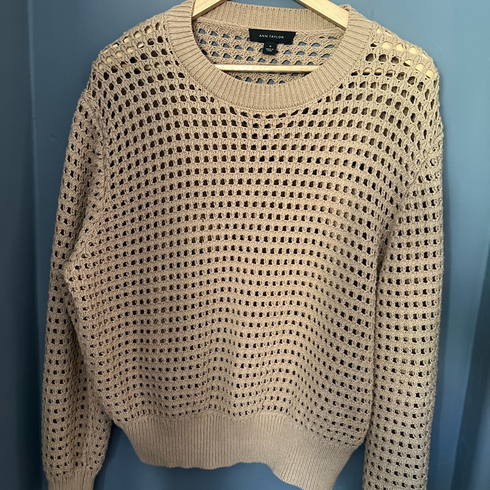 Ann Taylor Cream Crew Neck Sweater with Open-Weave Design